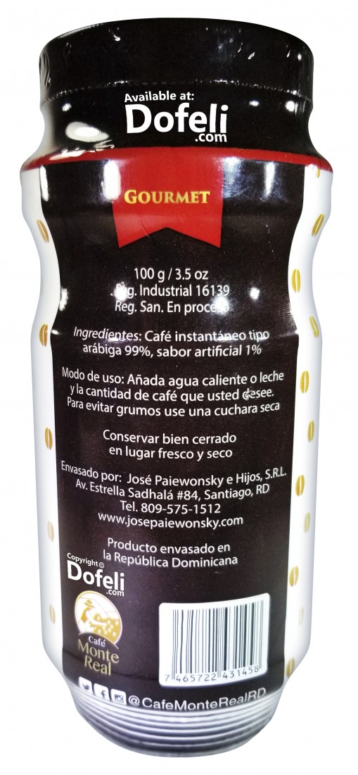 Smooth Dominican Monte Real instant ground coffee with a mild chocolate undertone for quick preparation.